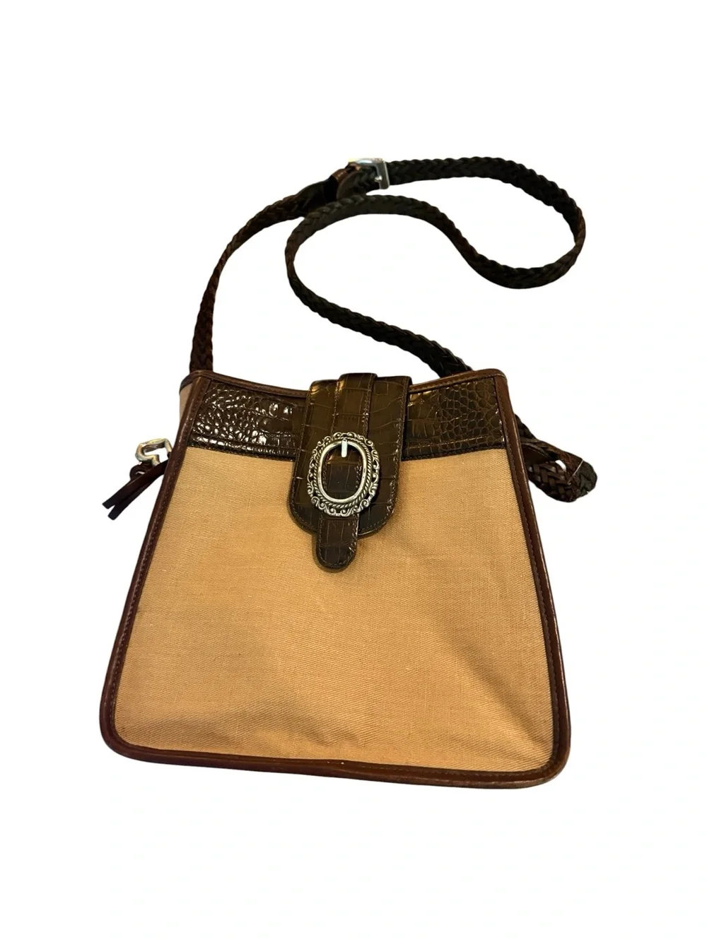 Brighton Vintage Canvas Leather Crossbody Bag Brown Heart Charm Y2K